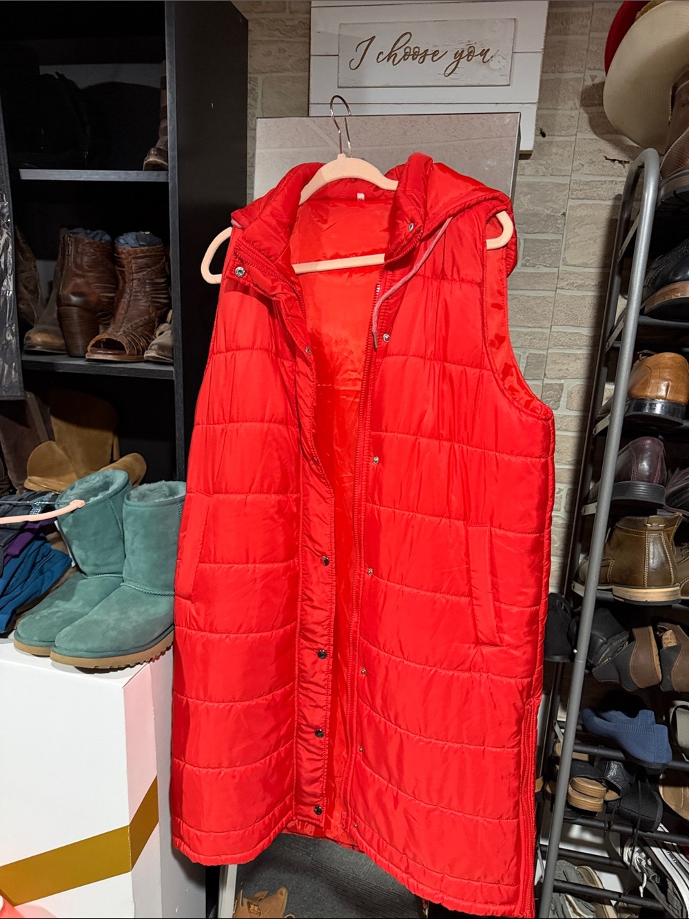 Quilted Hooded Longline Vest — Red